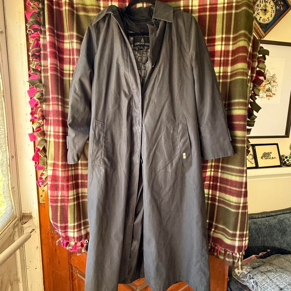 Vintage London Fog Hooded Trench Coat Gray 10P Petite